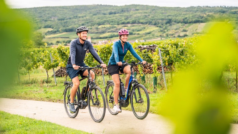 Radfahrer fahren durch Weingärten