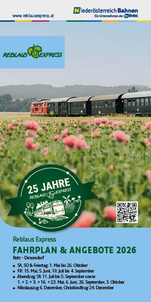 Titelblatt „Fahrplan & Angebote 2026“ mit dem Reblaus Express hinter einer Blumenwiese und Hinweis auf das 25-jährige Jubiläum.