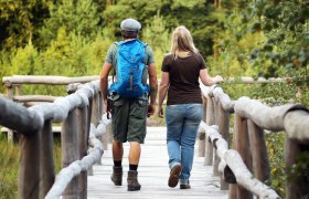 zwei Personen gehen über Holzbrücke