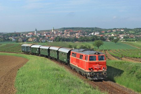 Zug fährt vorbei an Weinreben. Im Hintergrund sieht man eine Ortschaft.