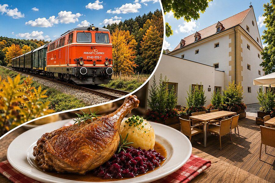 Eine Collage mit einem roten Zug, einem Teller mit Gänsekeule und einem Restaurant im Freien.