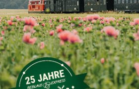 Roter Zug mit mehreren Waggons f&auml;hrt durch eine gr&uuml;ne Landschaft mit rosa Blumen im Vordergrund und H&uuml;geln im Hintergrund.