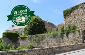 Stadtmauer in Drosendorf und einem Jubil&auml;umslogo.