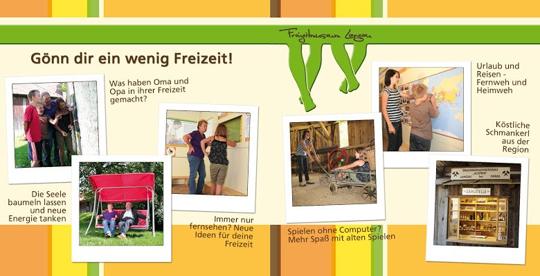 Collage mit Freizeitaktivit&auml;ten und Texten zu Freizeitgestaltung.